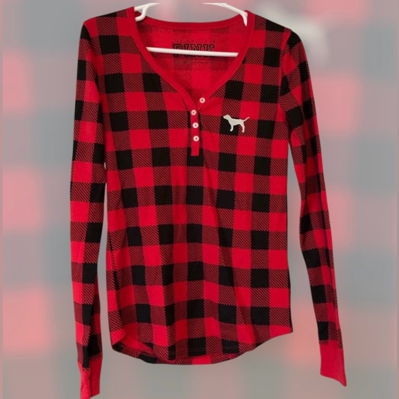 Victoria Secret Pink Cozy I Only Sleep Buffalo Plaid Waffle Sleep Shirt Top New - Picture 4 of 12
